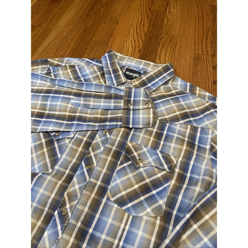Wrangler Men's Pearl Snap Western Shirt Blue Brown Plaid Cotton Blend Size‎ 2XL
